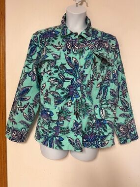 Pappagallo Shacket Snap Front Floral Woman’s Shirt Jacket Aqua Blue size 24W